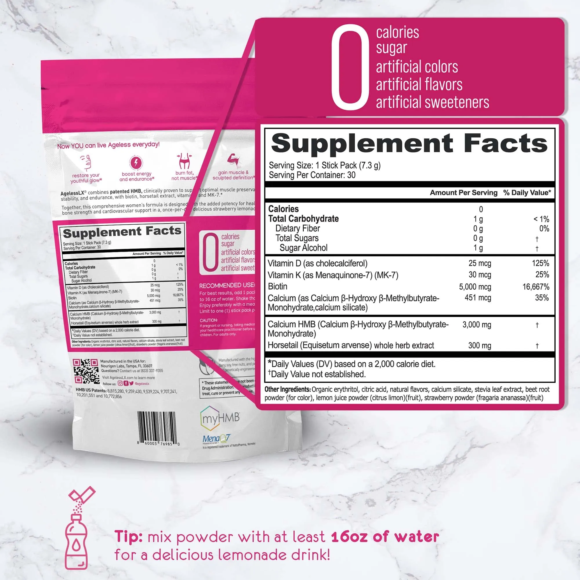AgelessLX Powder Supplement for Women - with HMB Collagen Enhancer Plus Vitamin D3 with K2, Horsetail and Biotin for Lean Muscle and Stronger Hair and Nails - 30 Powder Packets Strawberry Lemonade