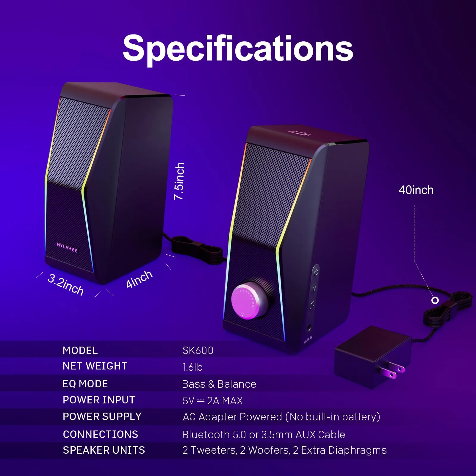 Computer Speakers, PC Speakers with 6 Lighting Modes, USB Powered Computer Speakers for Desktop Monitor with 2 Bass-Boost Ports, 2 Speaker Units, and 3.5mm Aux-in Cable for PC, Laptop, Tablet, Phone