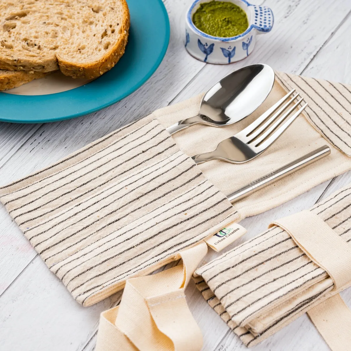 Cutlery Wrap/Pouch | Kala Cotton | Multi Pockets | Off-White With Black Stripe
