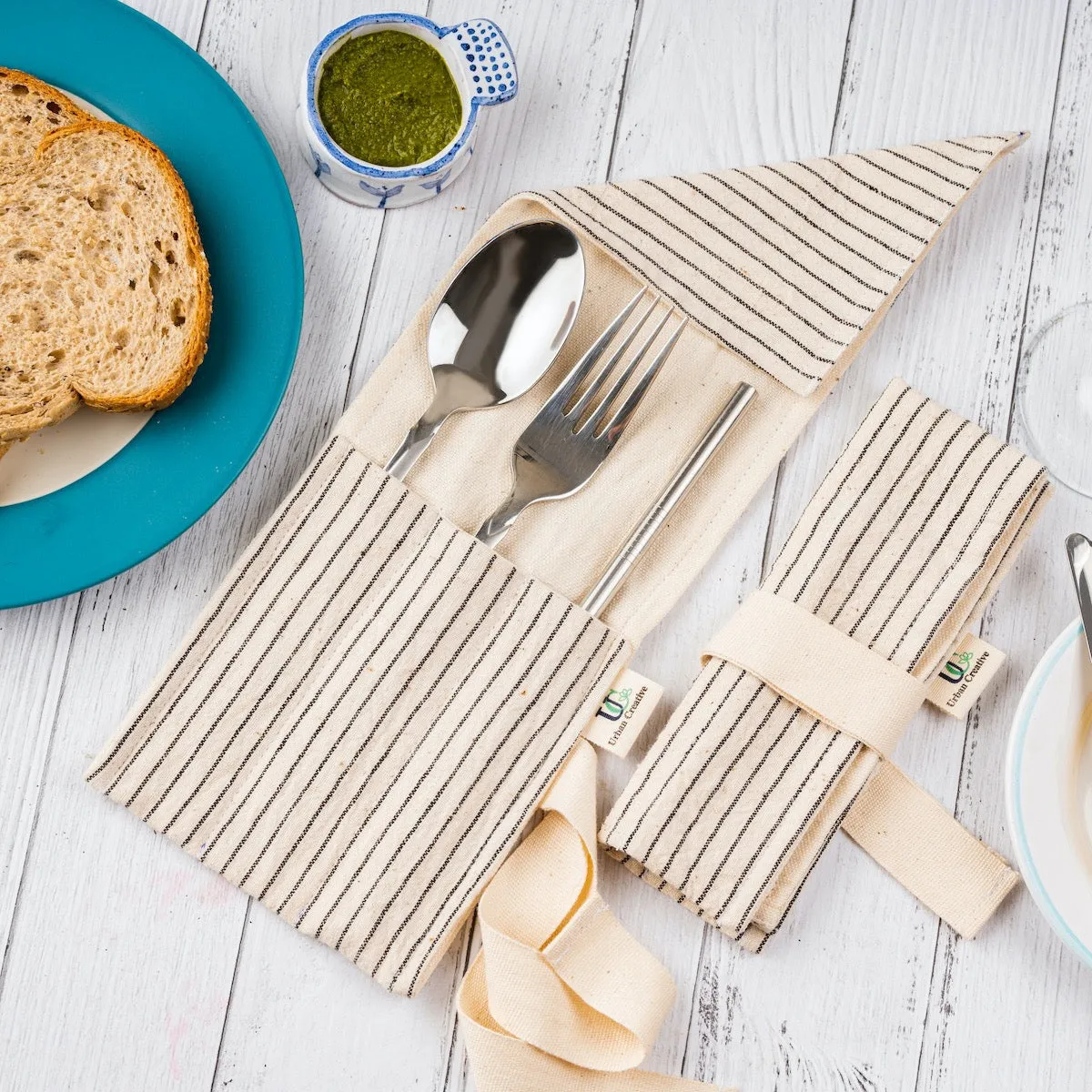 Cutlery Wrap/Pouch | Kala Cotton | Multi Pockets | Off-White With Black Stripe
