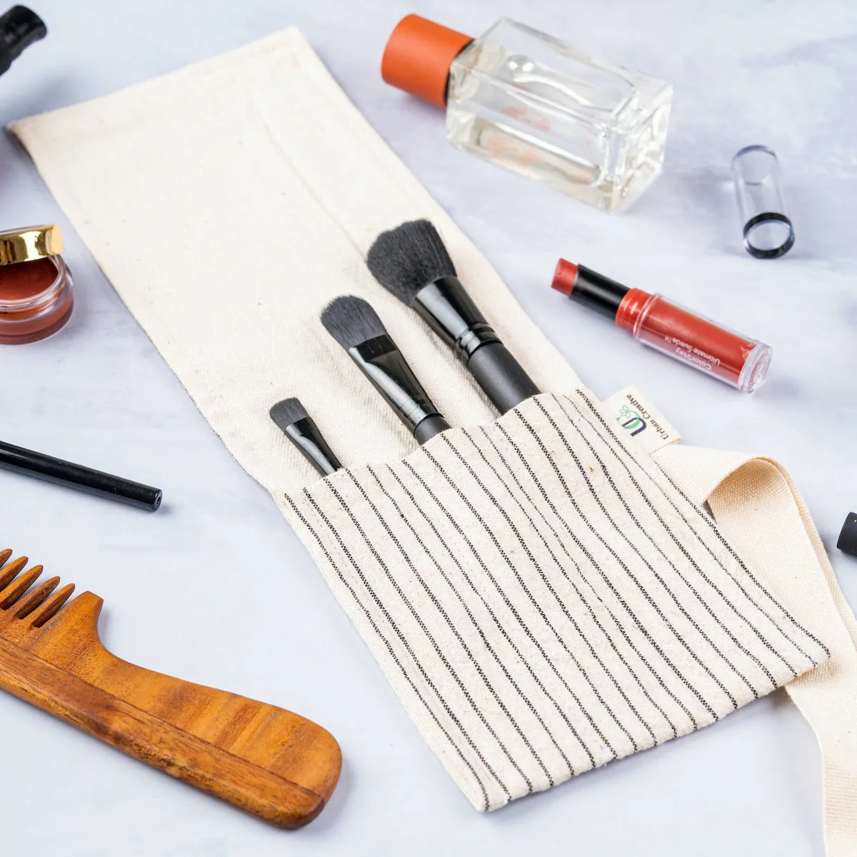 Cutlery Wrap/Pouch | Kala Cotton | Multi Pockets | Off-White With Black Stripe