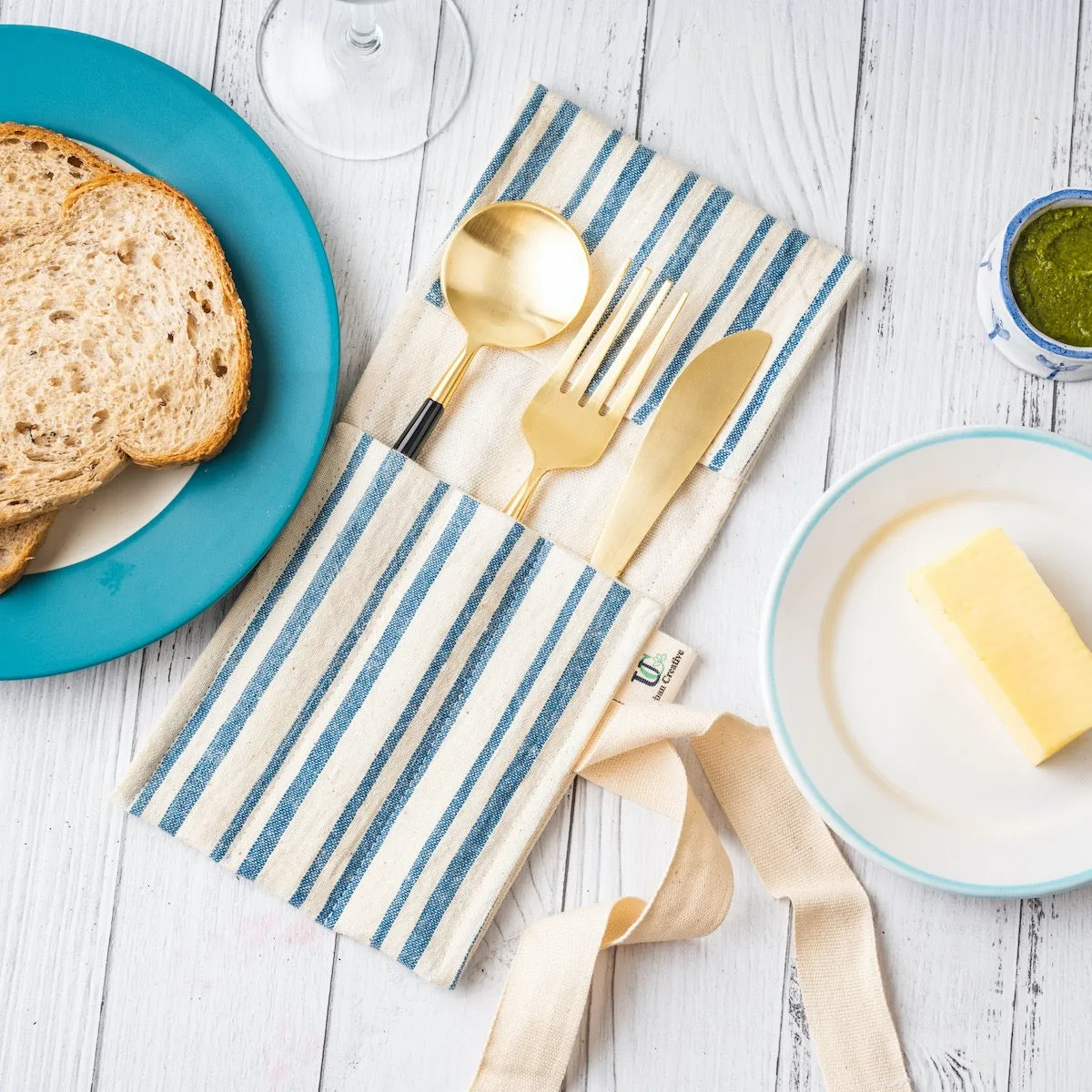 Cutlery/Stationery Wrap | Multi Pockets | Off-White Kala Cotton With Blue Stripe