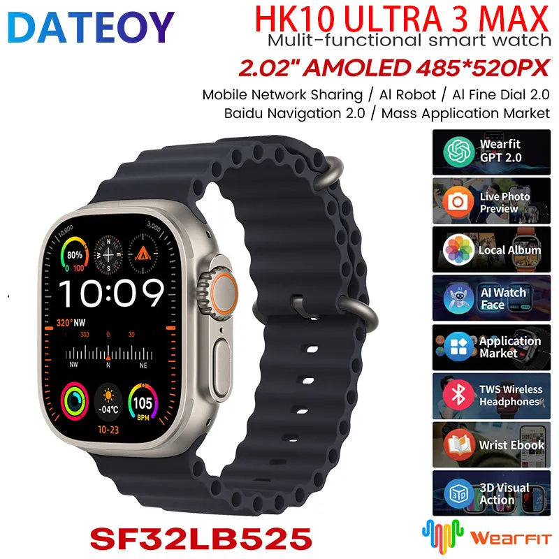 DATEOY HK10 ULTRA 3 Max Smartwatch – 2.02" AMOLED Display, 2GB, Bluetooth Network Sharing, AI Robot, Support Local Music TWS Connection, AI Features