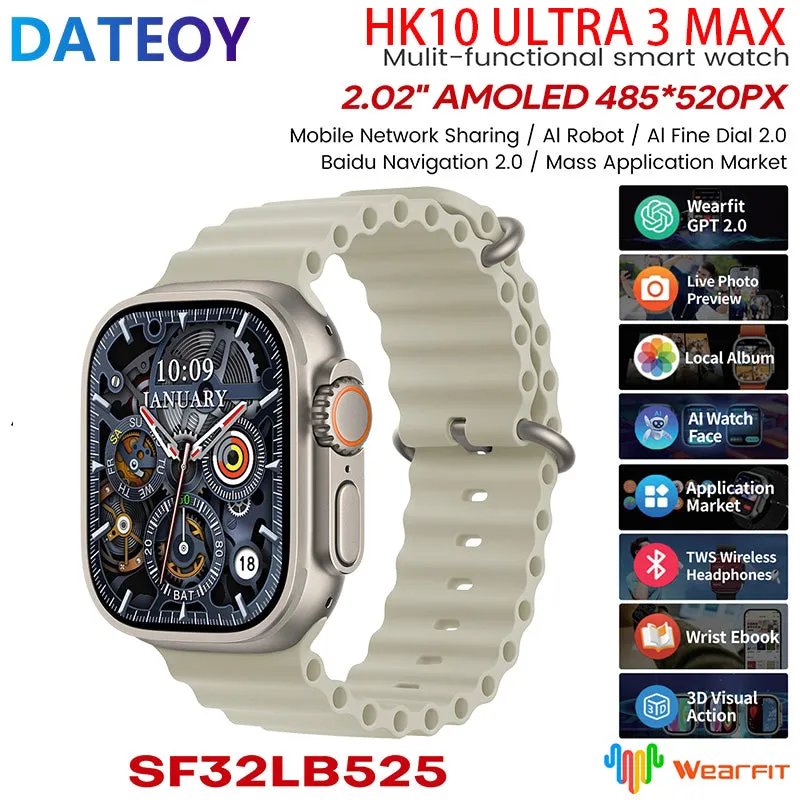 DATEOY HK10 ULTRA 3 Max Smartwatch – 2.02" AMOLED Display, 2GB, Bluetooth Network Sharing, AI Robot, Support Local Music TWS Connection, AI Features