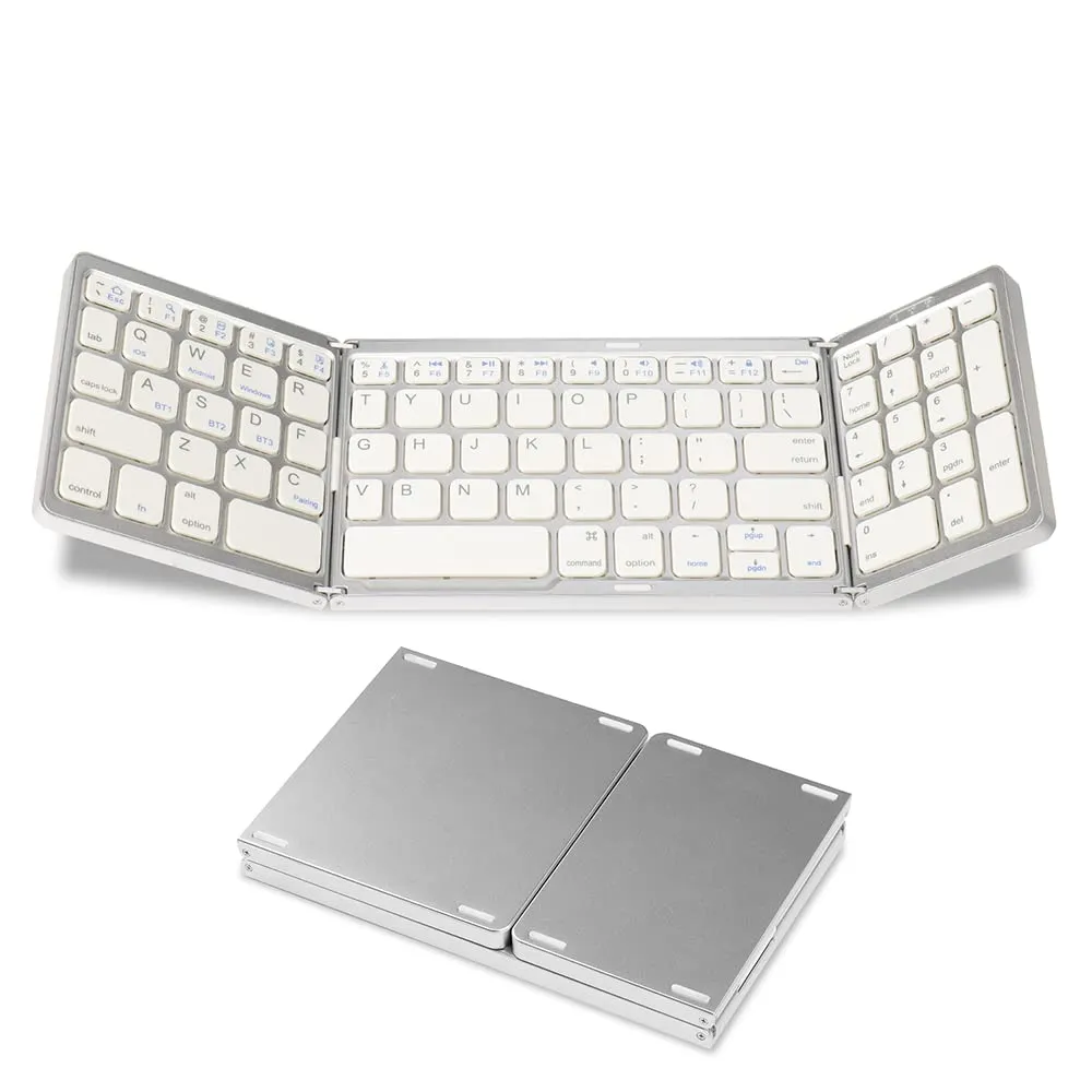 Foldable Bluetooth Keyboard with Numeric Keypad - USB-C Rechargeable, Portable for Laptop, Tablet, iPad, Smartphone (Silver)