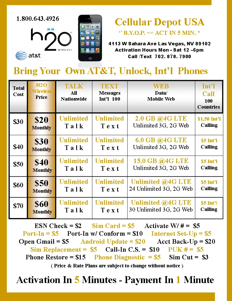 H2O Wireless $60 Unlimited Int'l Talk, Text & 60gb Data  15GB Hotspot     Sim Kit   New Number