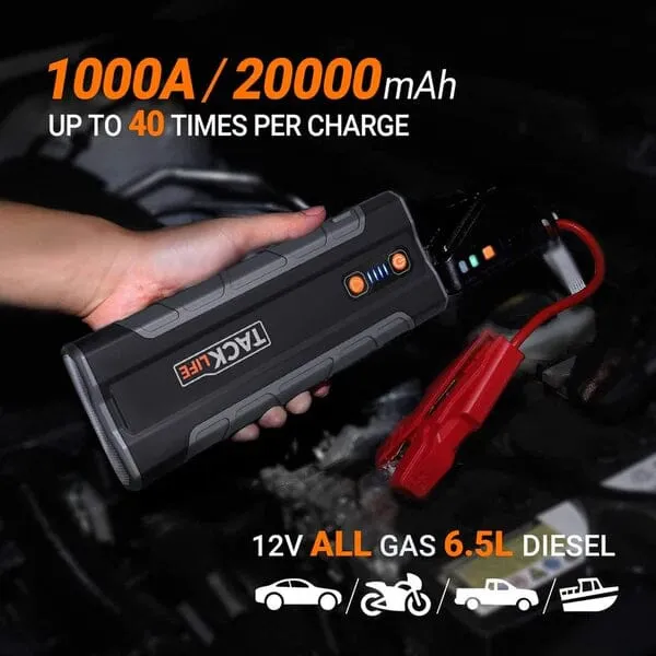 Jump Starter 1000A Peak 20000mAh 12V Car Jumper Black T8 MAX