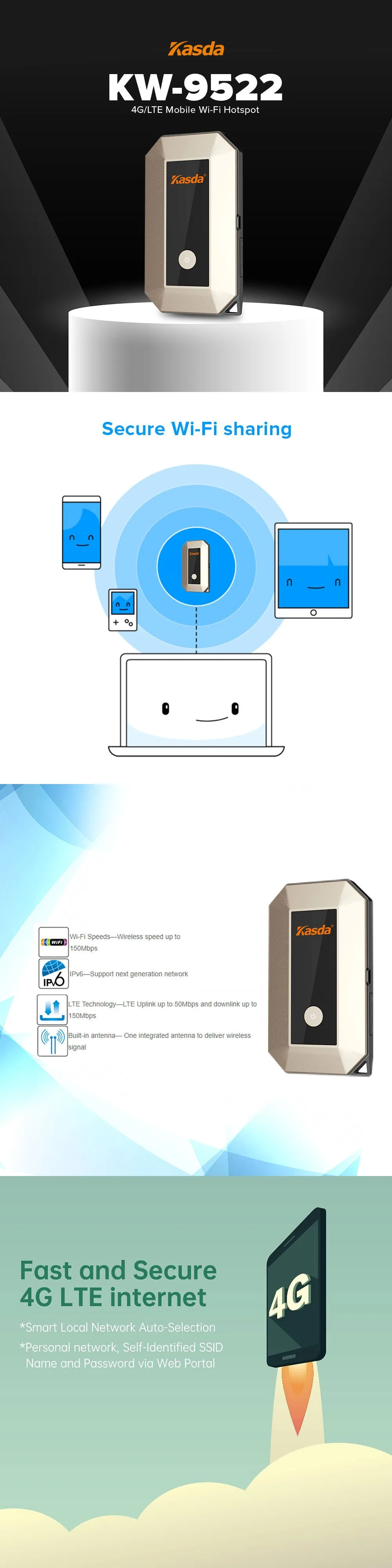 Kasda KW-9522 4G/LTE Mobile Wi-Fi Hotspot