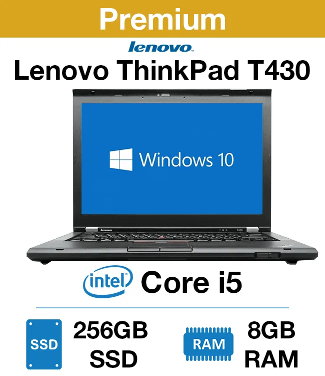 Lenovo ThinkPad T430 14.1” HD Laptop | Intel® Core™ i5 @ 2.6GHz (3rd Gen) | 8GB RAM | 128GB SSD  | Intel HD Graphics | Webcam | DVDRW | Windows 10 Pro x64 - Certified Refurbished