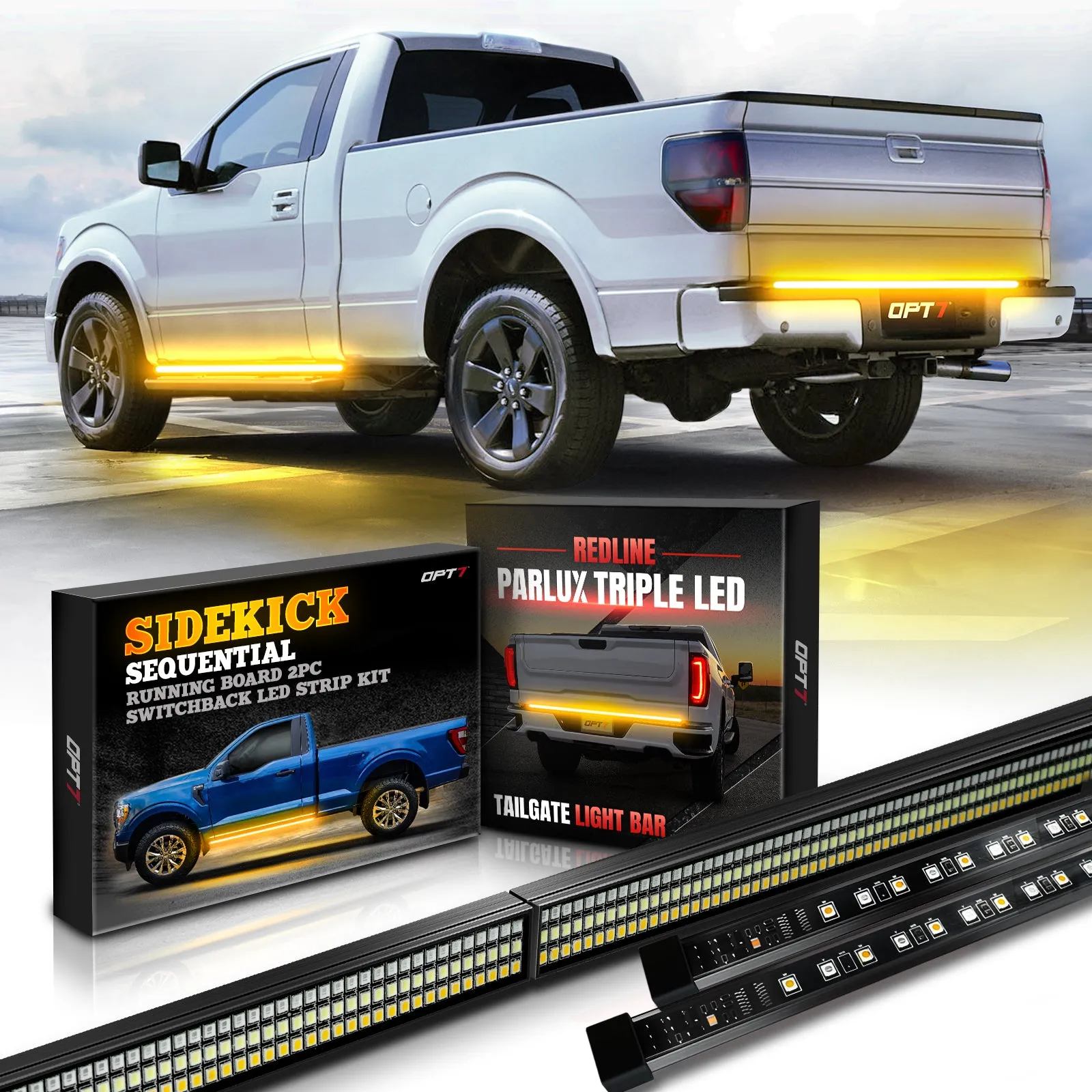 OPT7 Redline Parlux Triple Tailgate Light Bar 60" Bundle with Sidekick Sequential Running Board Light LED Strip Kit