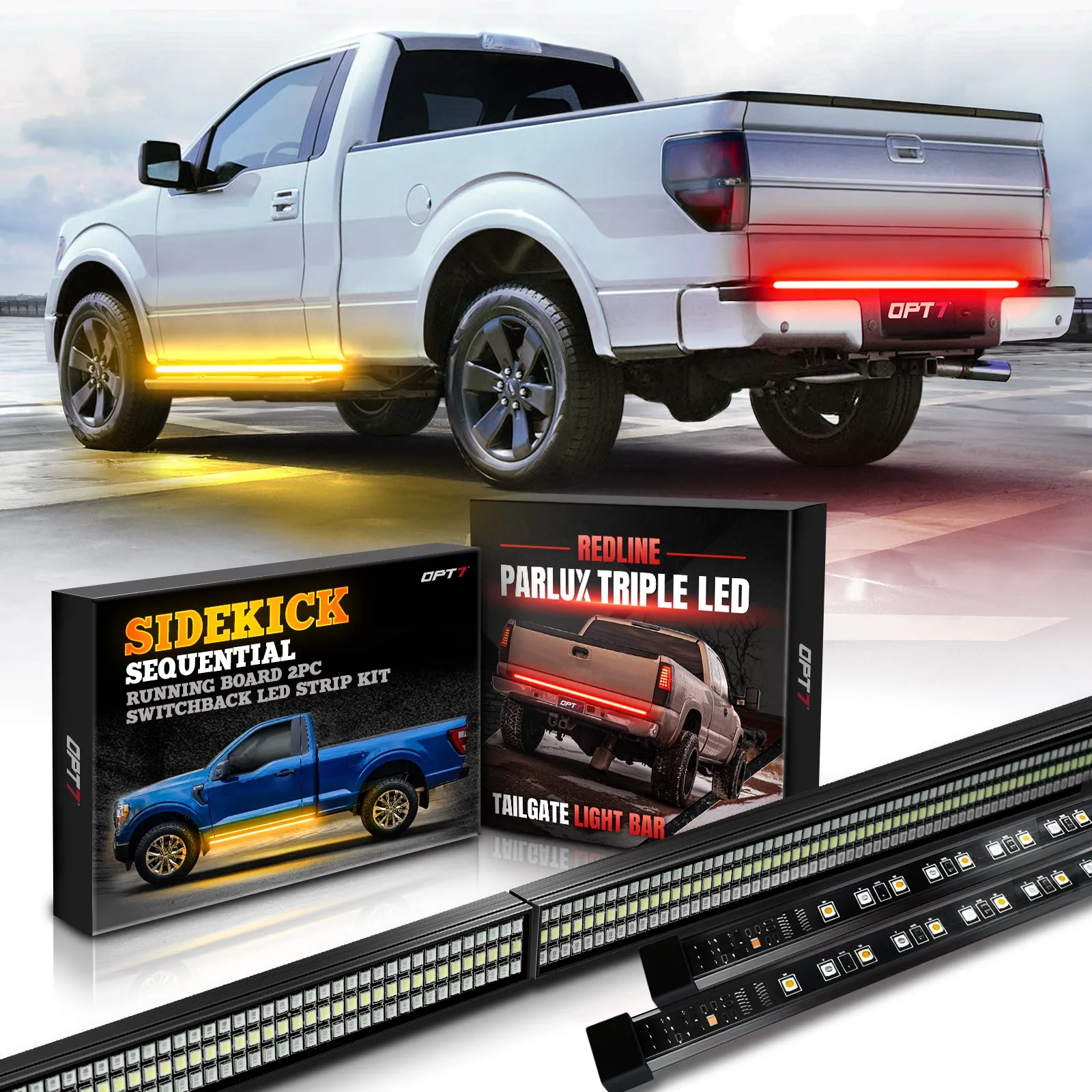 OPT7 Redline Parlux Triple Tailgate Light Bar 60" Bundle with Sidekick Sequential Running Board Light LED Strip Kit
