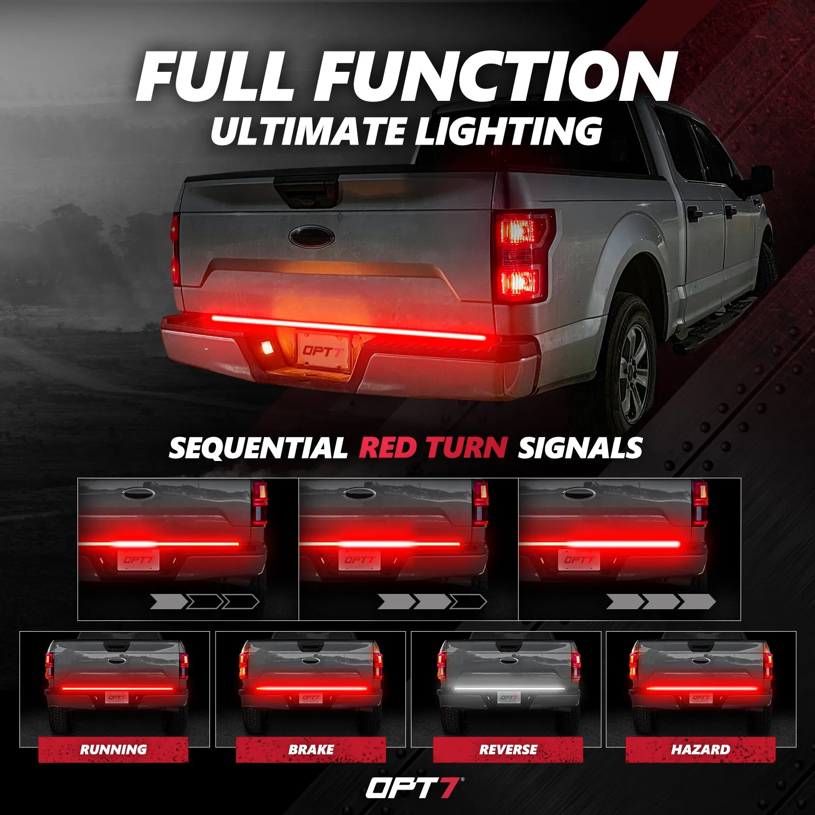 OPT7 Redline Triple Tailgate Light Bar 60" Bundle with Sidekick Running Board Light LED Strip Kit with Warning Mode