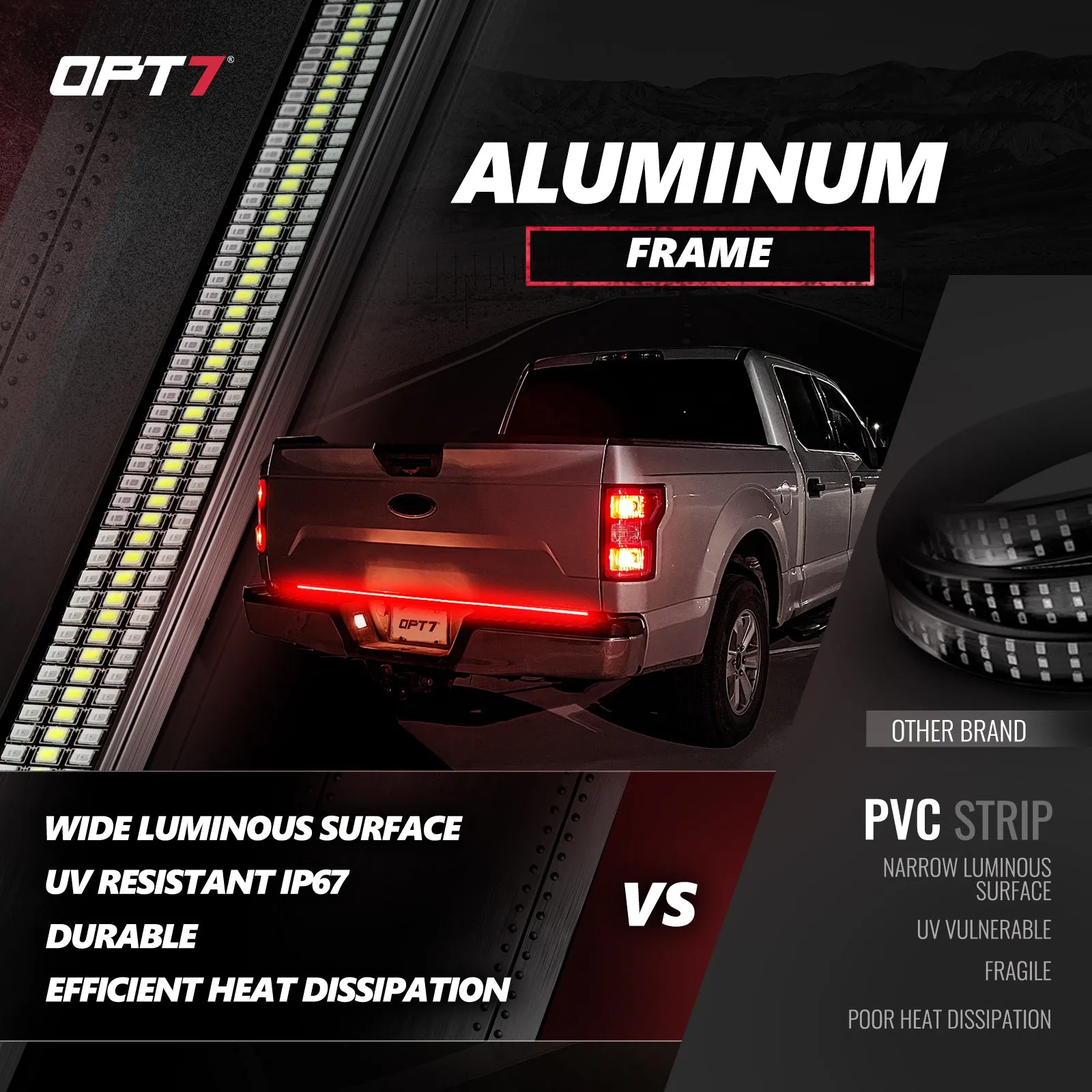 OPT7 Redline Triple Tailgate Light Bar 60" Bundle with Sidekick Running Board Light LED Strip Kit with Warning Mode