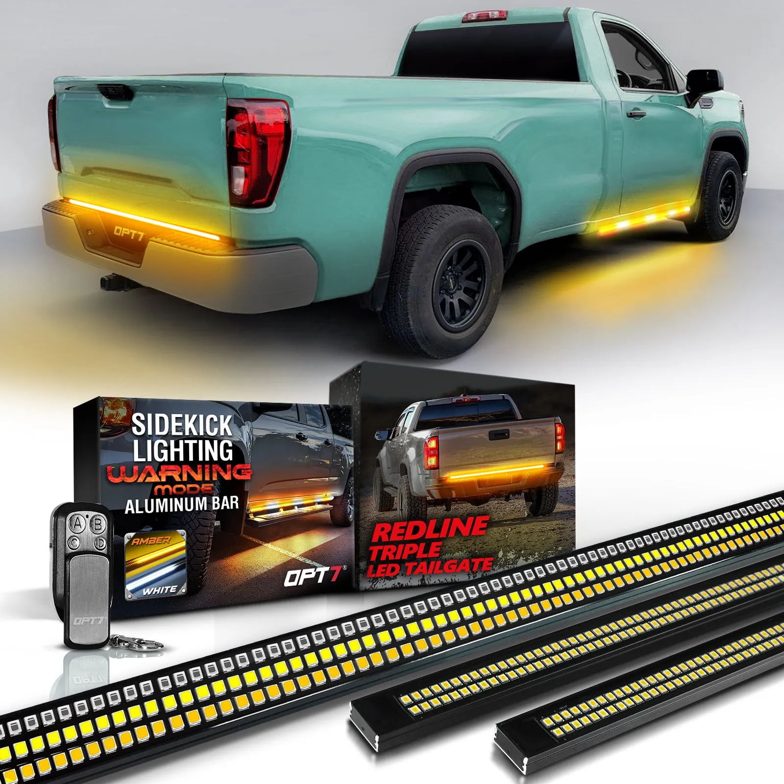 OPT7 Redline Triple Tailgate Light Bar 60" Bundle with Sidekick Running Board Light LED Strip Kit with Warning Mode