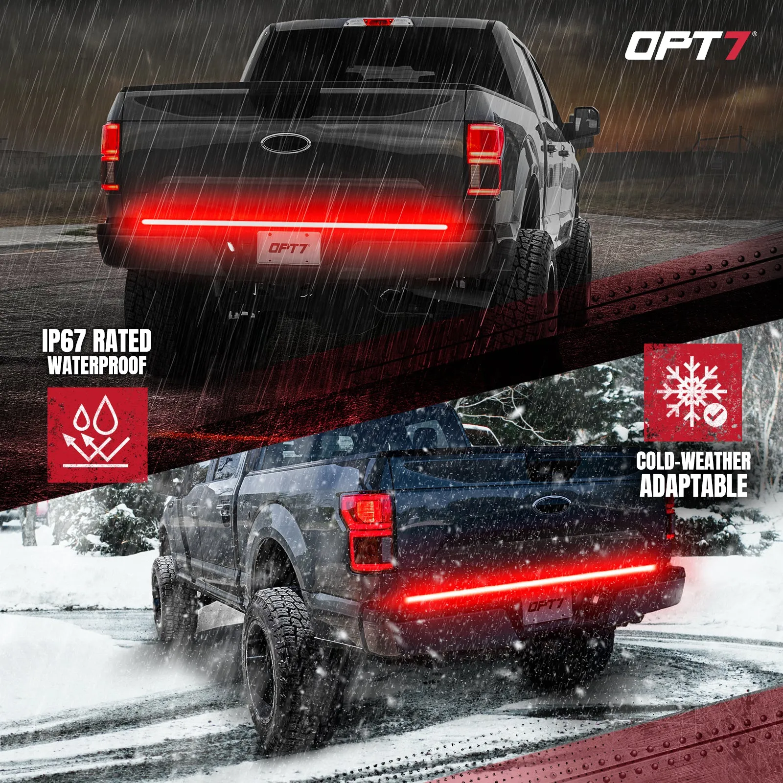 OPT7 Redline Triple Tailgate Light Bar 60" Bundle with Sidekick Running Board Light LED Strip Kit with Warning Mode
