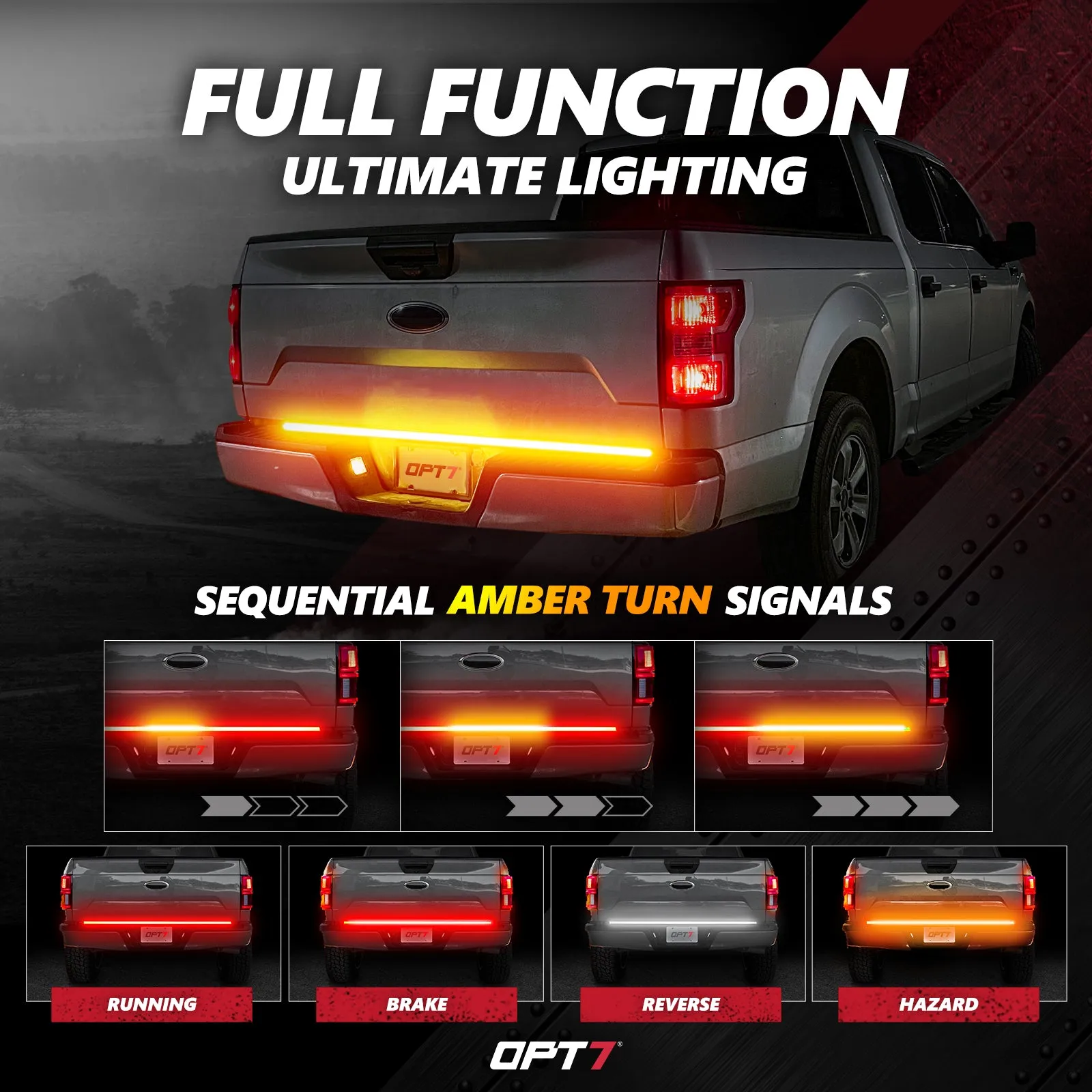 OPT7 Redline Triple Tailgate Light Bar 60" Bundle with Sidekick Running Board Light LED Strip Kit with Warning Mode