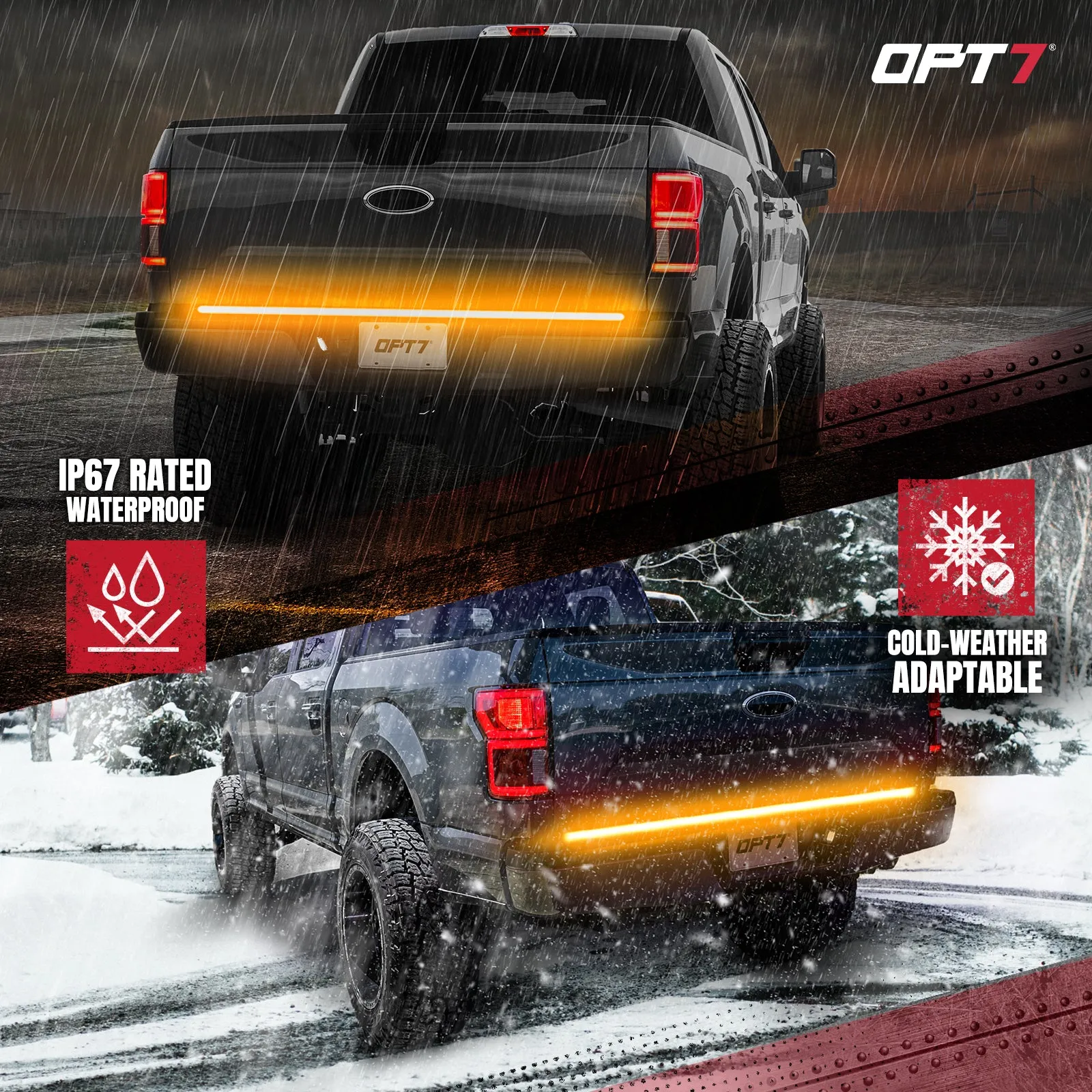 OPT7 Redline Triple Tailgate Light Bar 60" Bundle with Sidekick Sequential Running Board Light LED Strip Kit