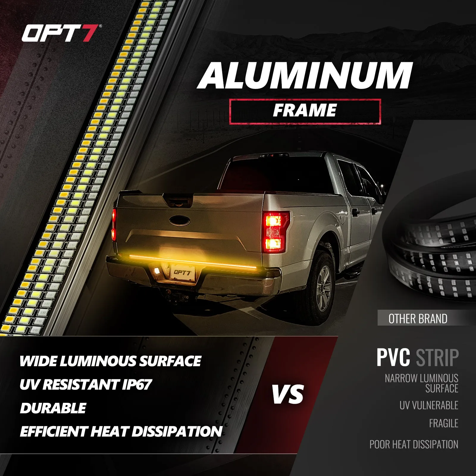 OPT7 Redline Triple Tailgate Light Bar 60" Bundle with Sidekick Sequential Running Board Light LED Strip Kit