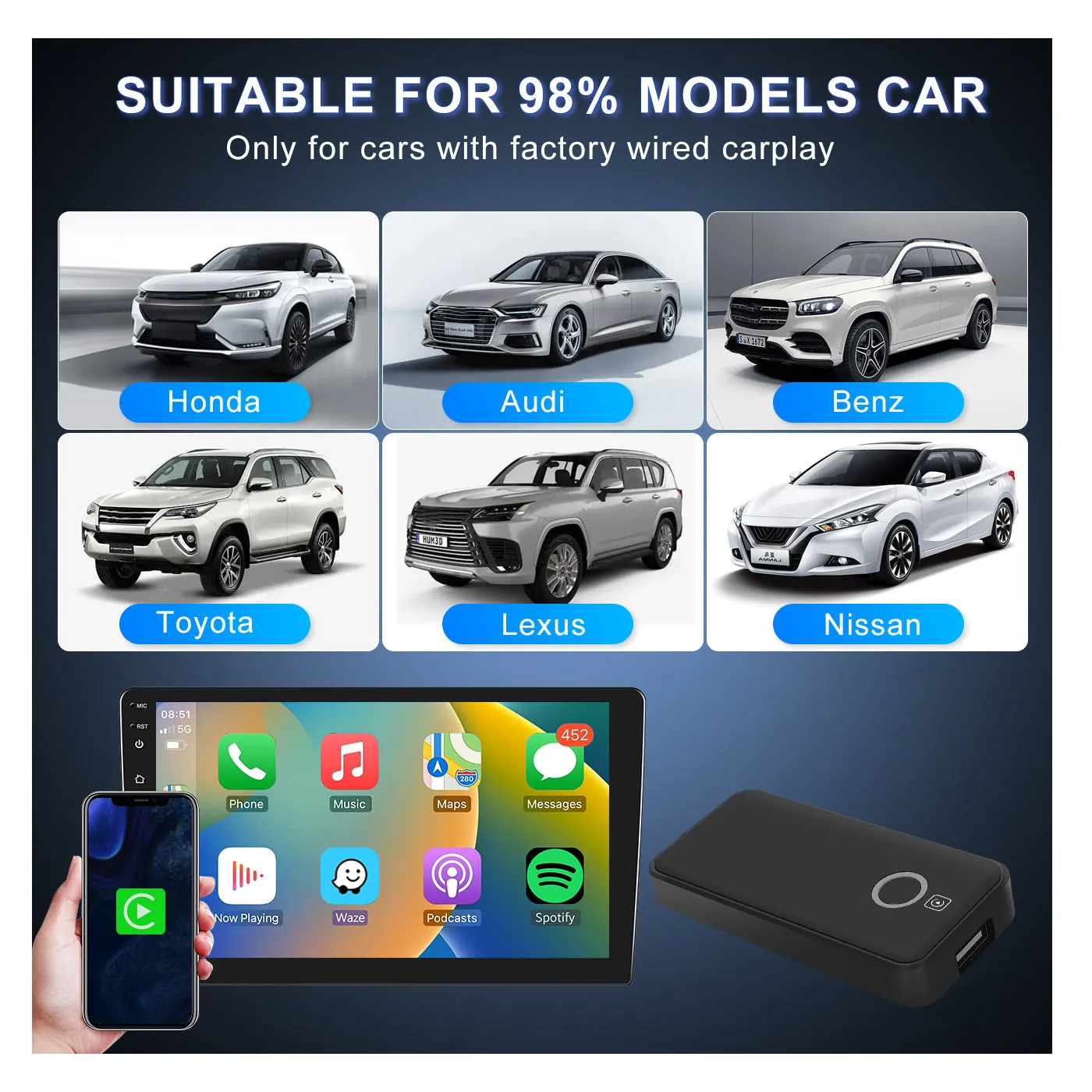 PODOFO 2023 Wired CarPlay to Wireless Apple CarPlay Ai Box Adapter USB Type-C Plug & Play Carplay Dongle Magic Box Fast and Easy Use