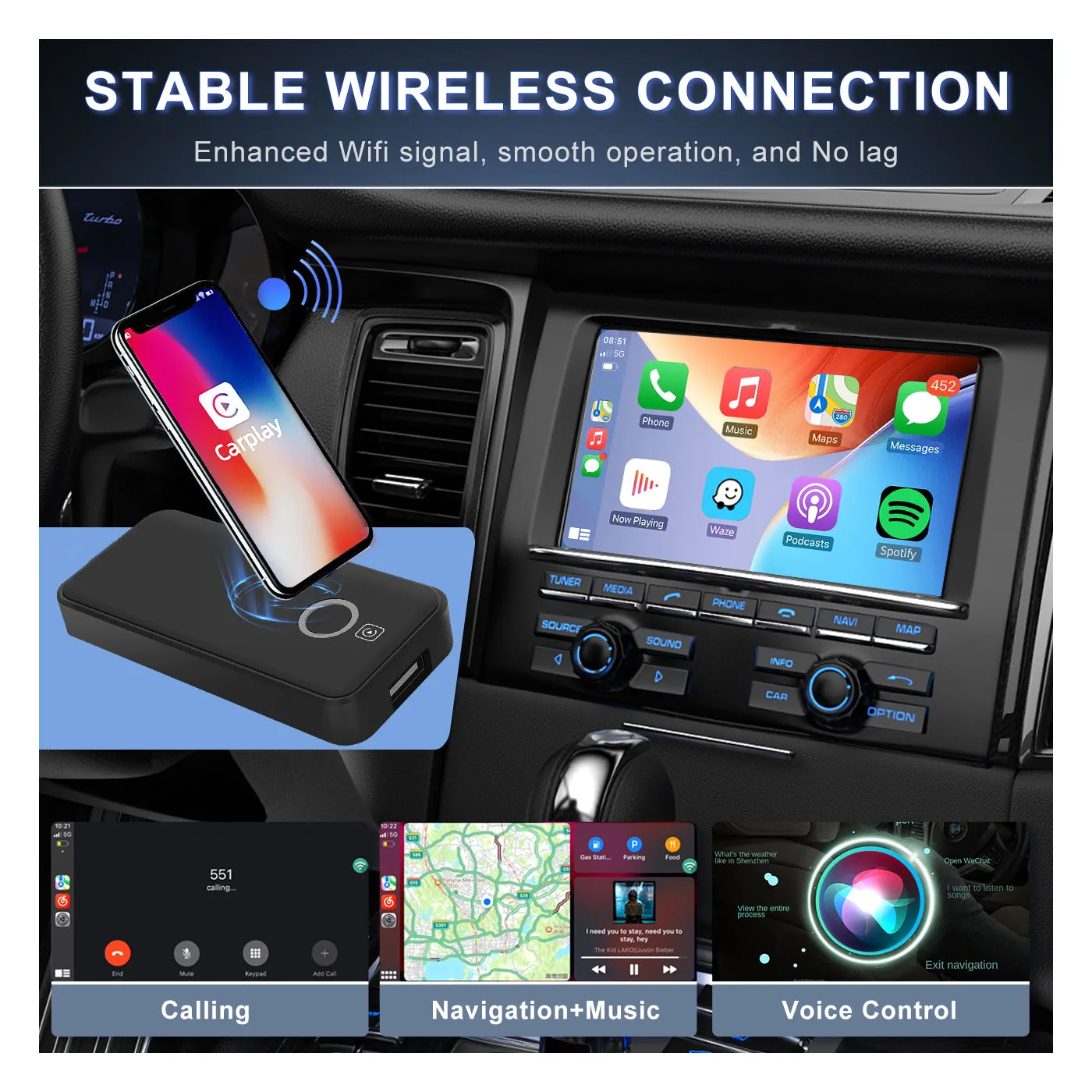 PODOFO 2023 Wired CarPlay to Wireless Apple CarPlay Ai Box Adapter USB Type-C Plug & Play Carplay Dongle Magic Box Fast and Easy Use