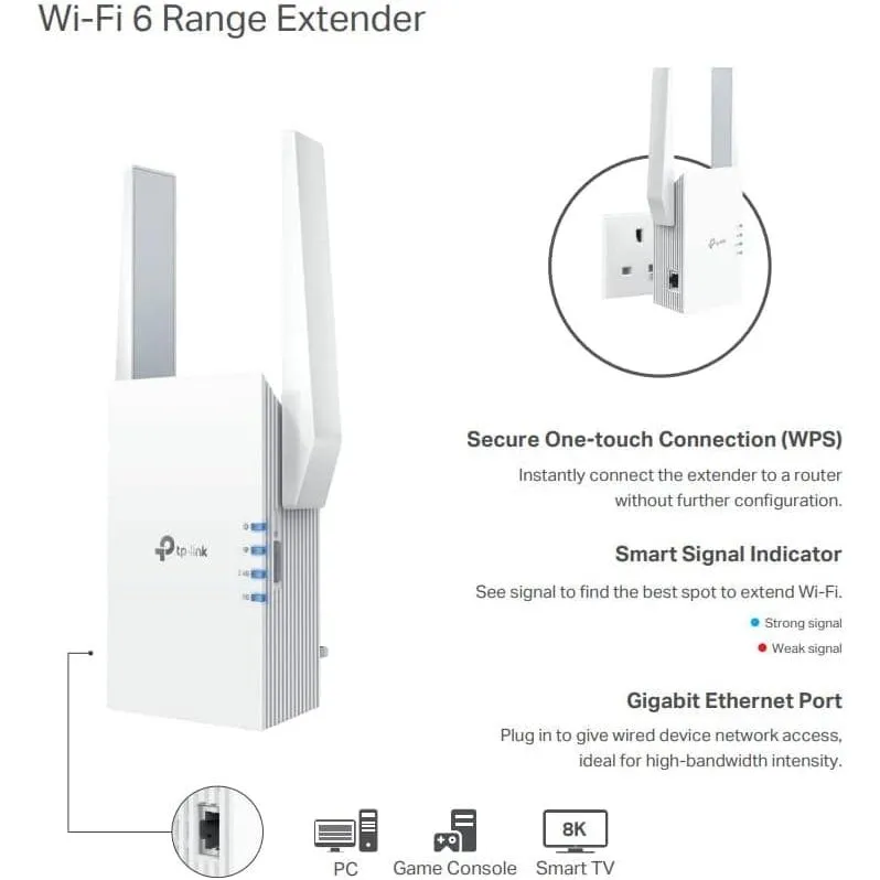 TP-Link AX3000 Dual Band Mesh Wi-Fi 6 Range Extender, Broadband/Wi-Fi Extender, Wi-Fi Booster/Hotspot with 1 Gigabit Port, 160 MHz Channels, Built-In Access Point Mode, Easy Setup, UK Plug (RE705X)