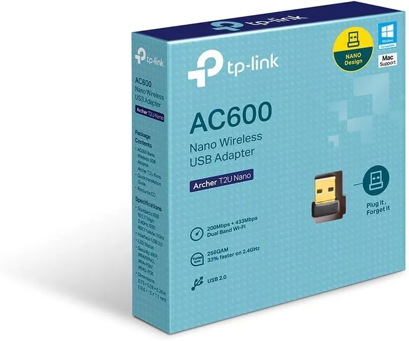 TP-Link Nano AC600 USB Wi-Fi Adapter(Archer T2U Nano)- 2.4G/5G Dual Band Wireless Network Adapter for PC Desktop Laptop, Mini Travel Size, Supports Windows 11,10, 8.1, 8, 7, XP/Mac OS 10.9-10.15