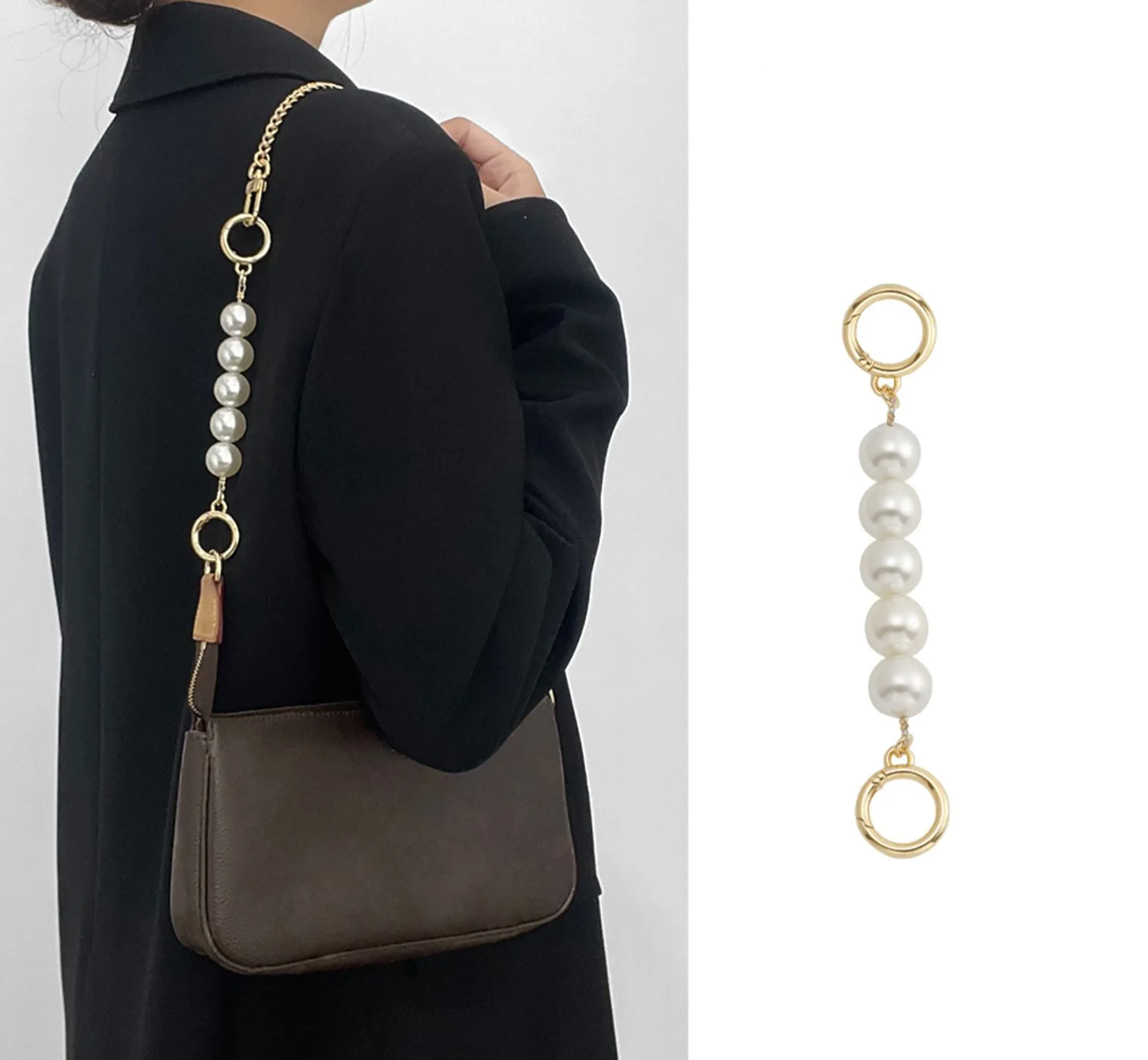 Underarm bag strap extension accessory, pearl extension chain, metal chain strap modification for bags.